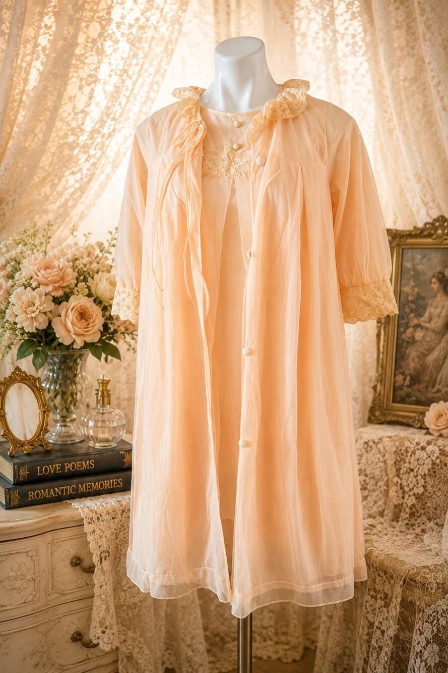 Vintage Lady Leonora 1960s Double Chiffon Nylon Peignoir Set Peach Lace Size S